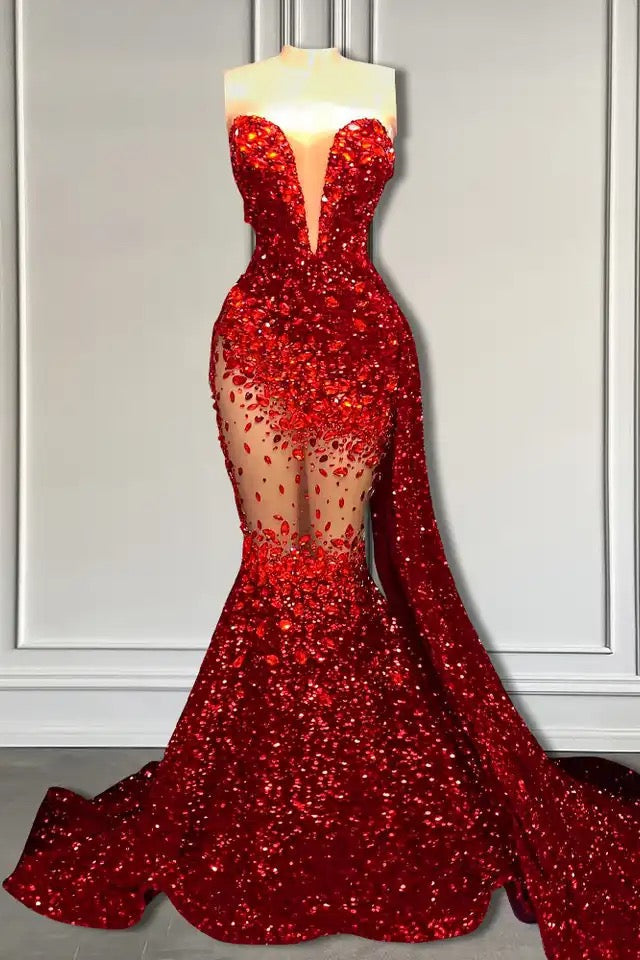 Red Mermaid Sweetheart Sequins Long Prom Dress-showprettydress