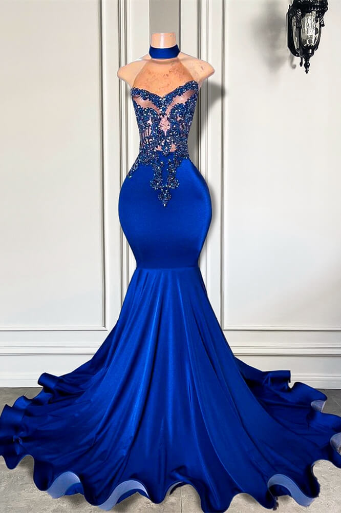 Royal Blue Long High Neck Sleeveless Mermaid Prom Dress-showprettydress