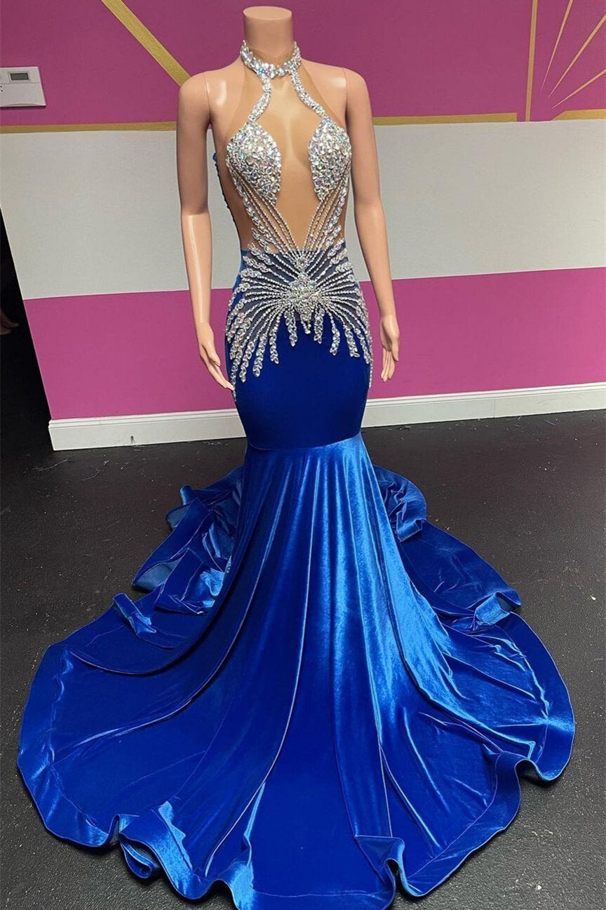 Royal Blue Long Velvet Halter Sleeveless Mermaid Prom Dresses With Beadings-showprettydress