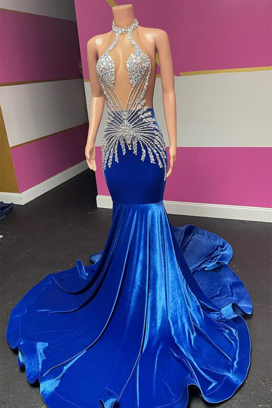 Royal Blue Long Velvet Halter Sleeveless Mermaid Prom Dresses With Beadings-showprettydress