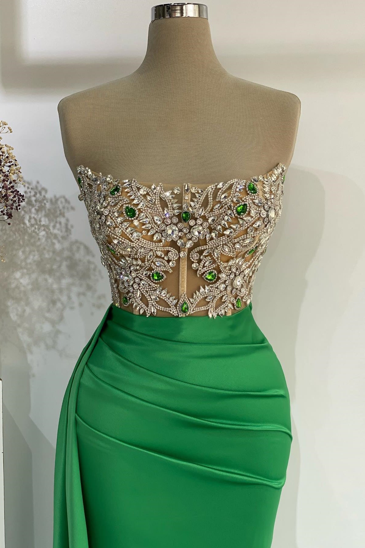 Strapless Emerald Green Mermaid Long Prom Dress With Beads-showprettydress