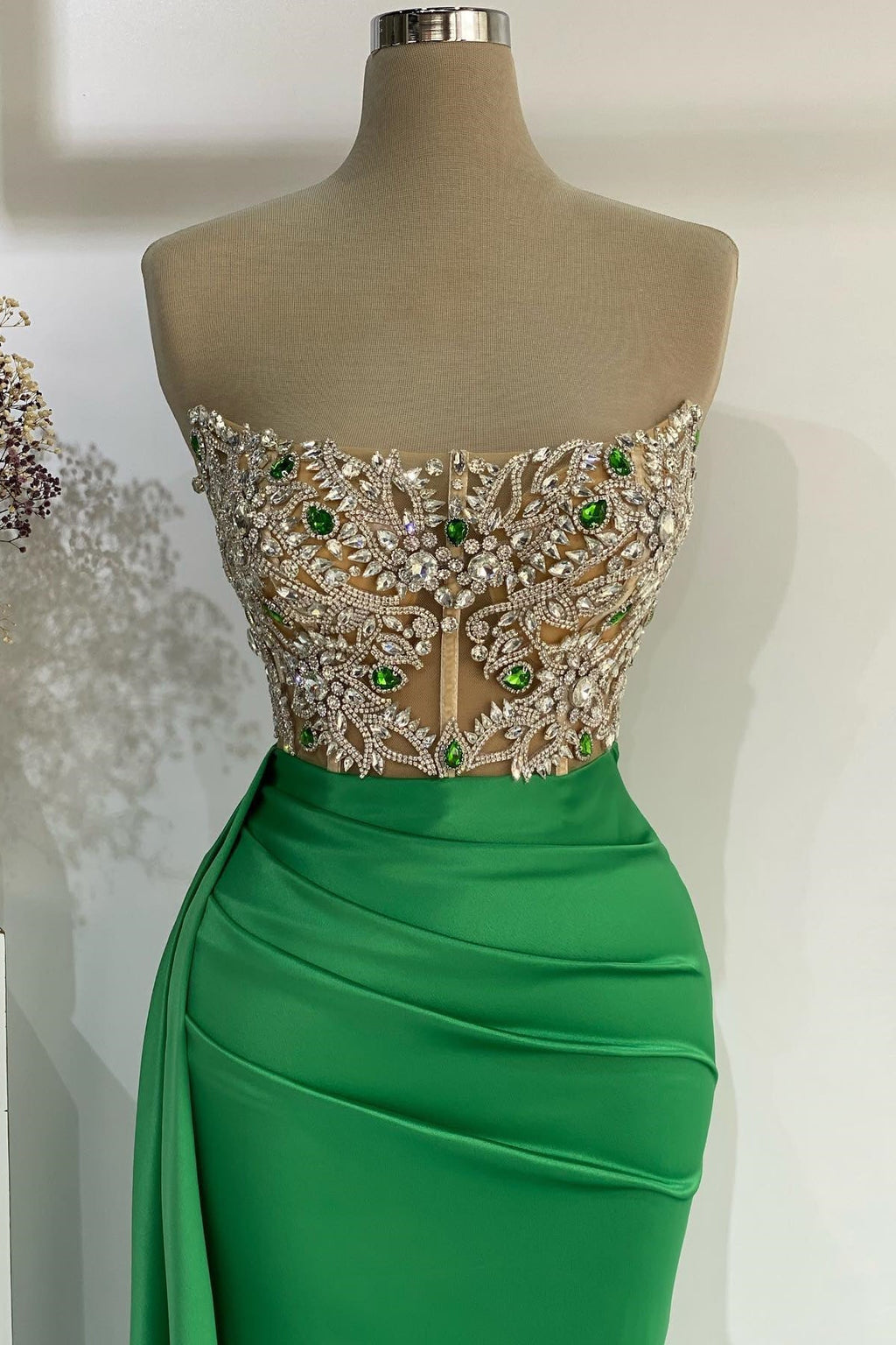 Gorgeous Strapless Green Tulle Beaded Mermaid Long Prom Dress Party Gown SP1000