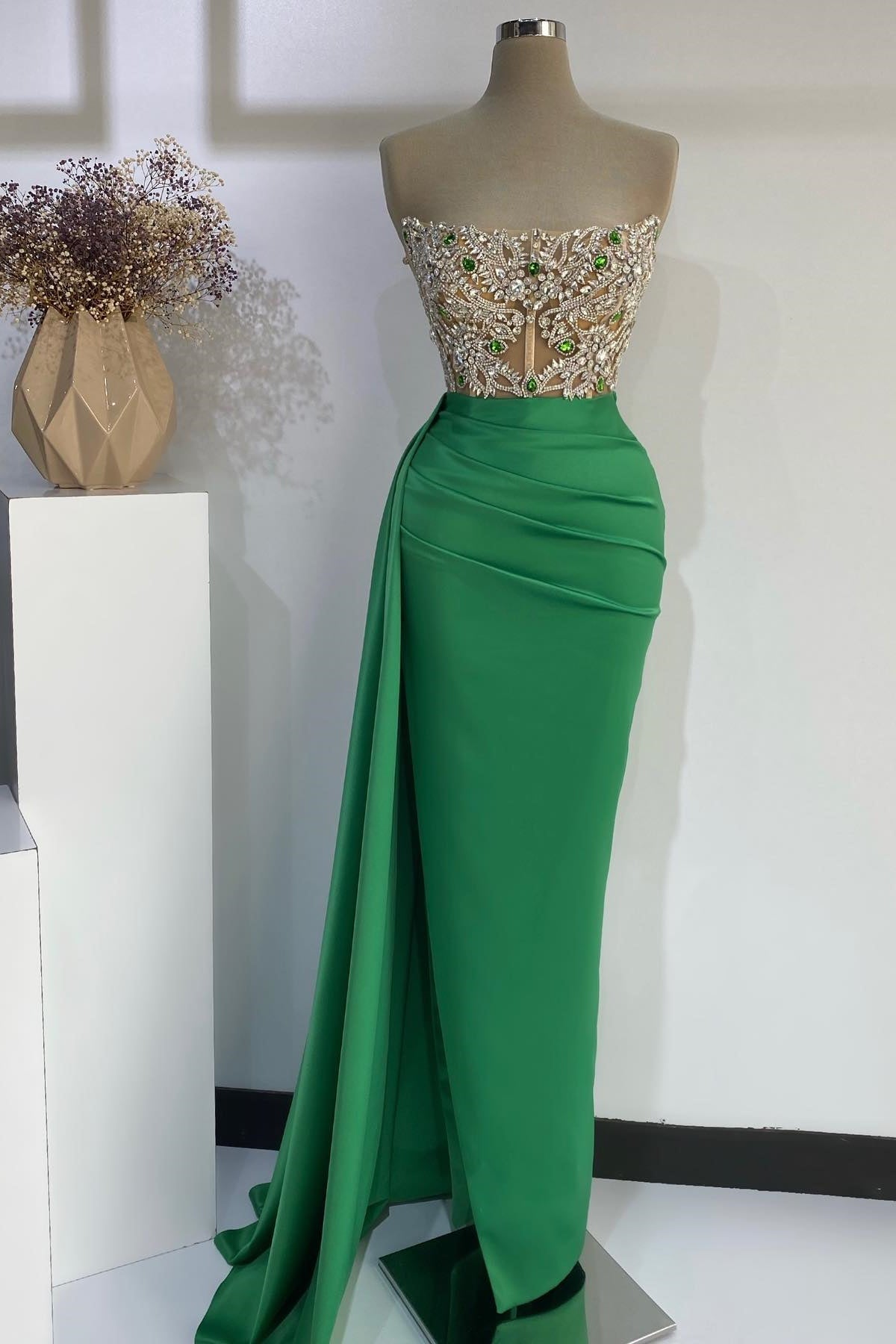 Strapless Emerald Green Mermaid Long Prom Dress With Beads-showprettydress