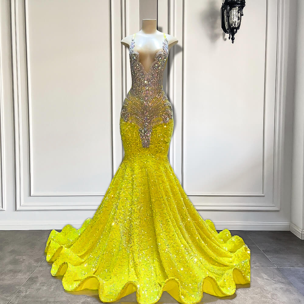 Yellow Long V-Neck Mermaid Beadings Sequins Prom Dresses-showprettydress