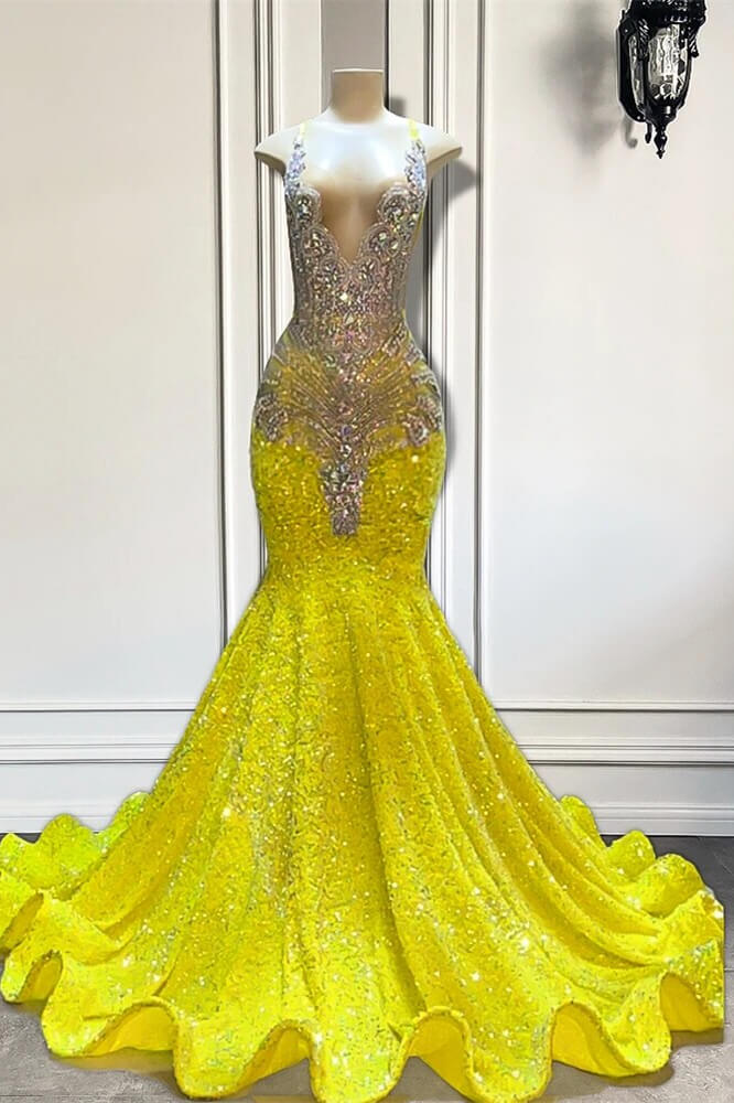 Yellow Long V-Neck Mermaid Beadings Sequins Prom Dresses-showprettydress