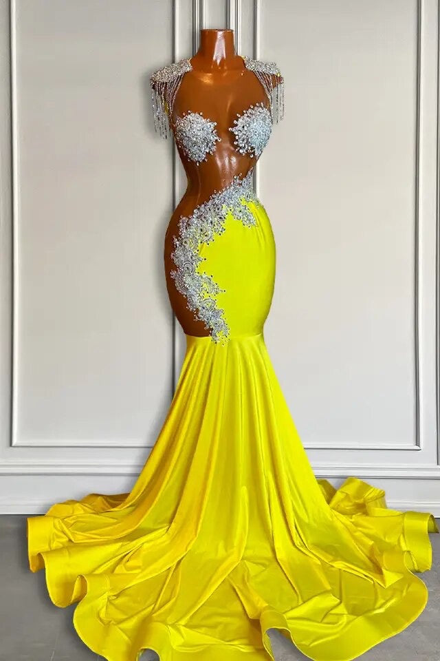 Yellow Mermaid Long Scoop Prom Dress with Tassels-showprettydress