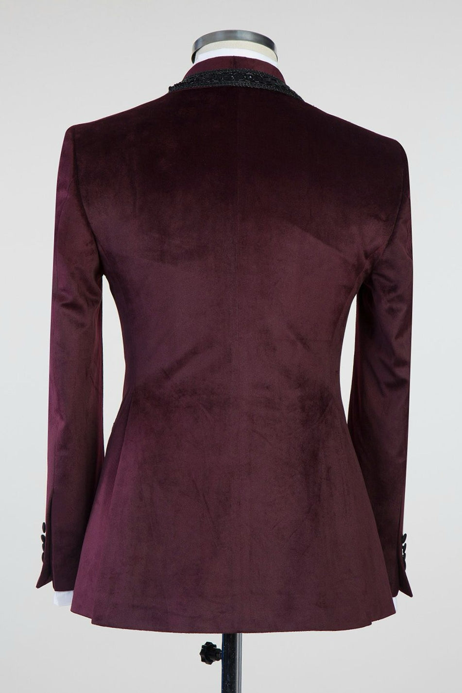 Burgundy Velvet Knitted Button Prom Suit with Black Chains