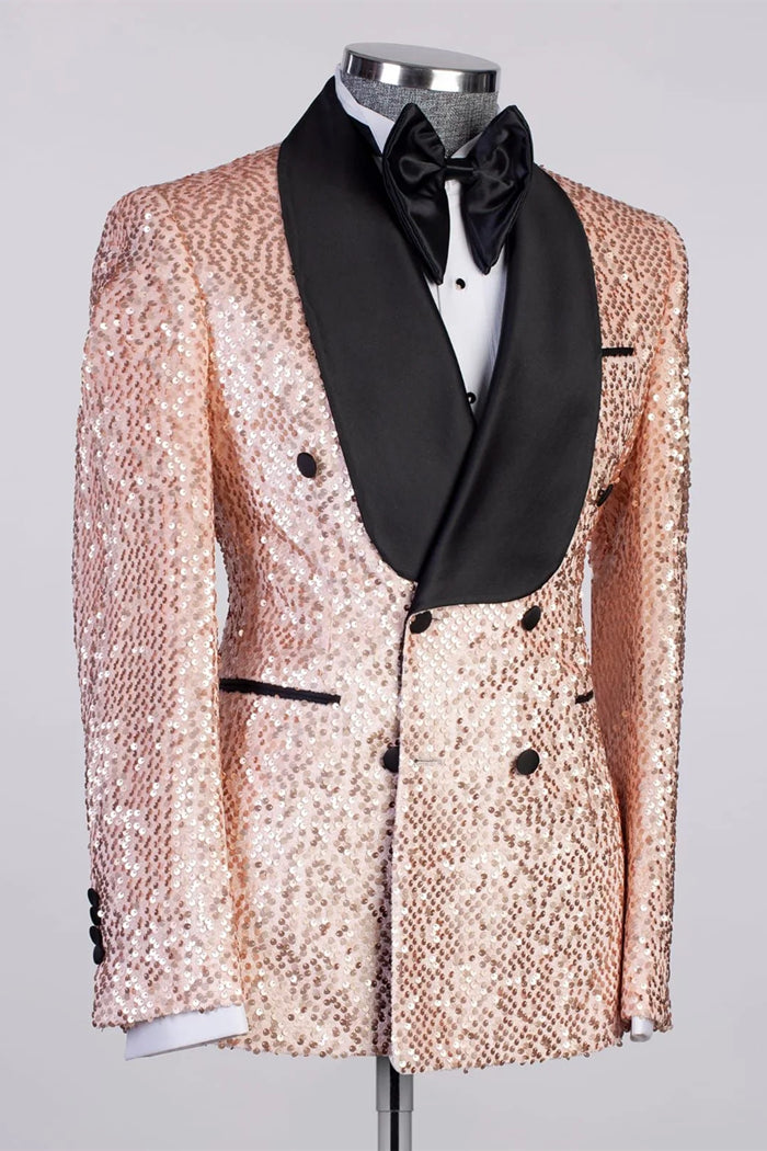 Champagne Gold Men's Prom Suit with Black Satin Lapel