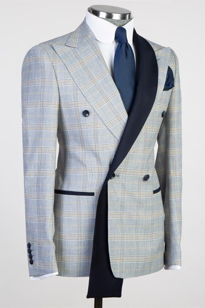Light Blue Peaked Lapel Double-Breasted Plaid Prom Suit