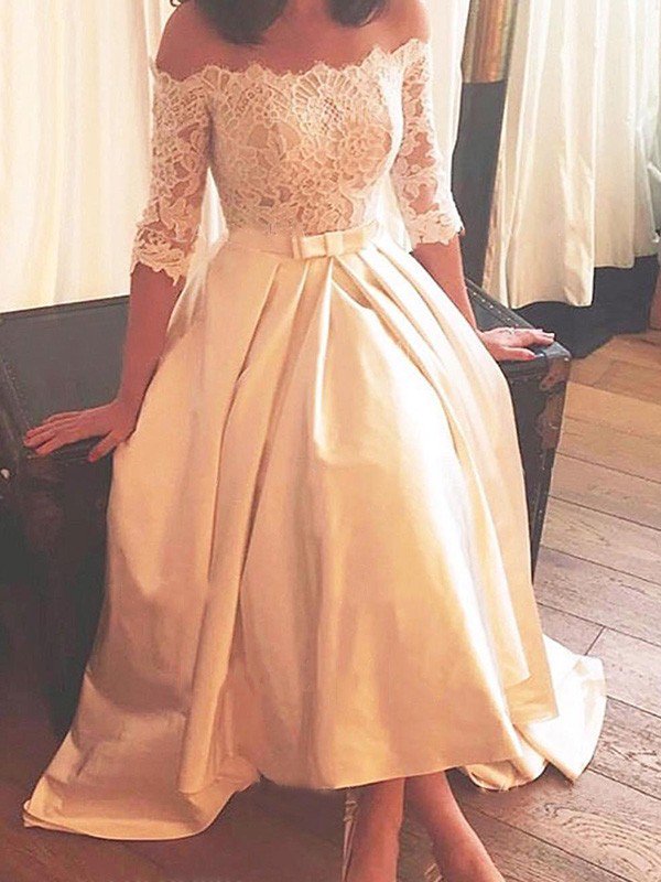 1/2 Sleeves Lace A Line Asymmetrical Sweep Train Satin Off the Shoulder Wedding Dresses-showprettydress