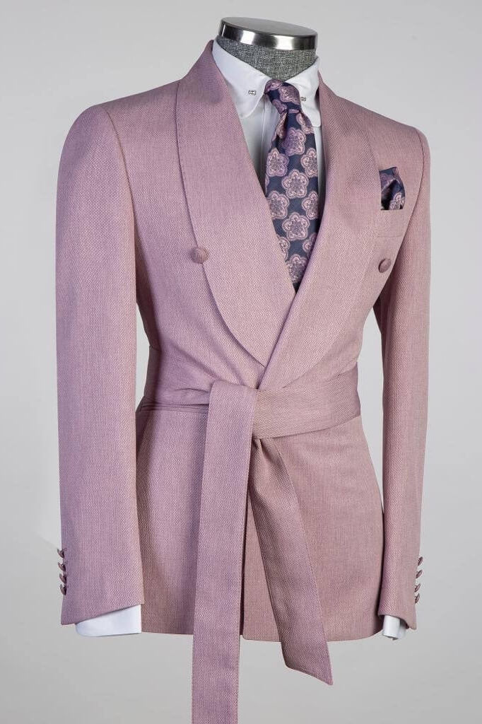 Stylish Rose Pink Shawl Lapel Business Suit with Sash for Prom
