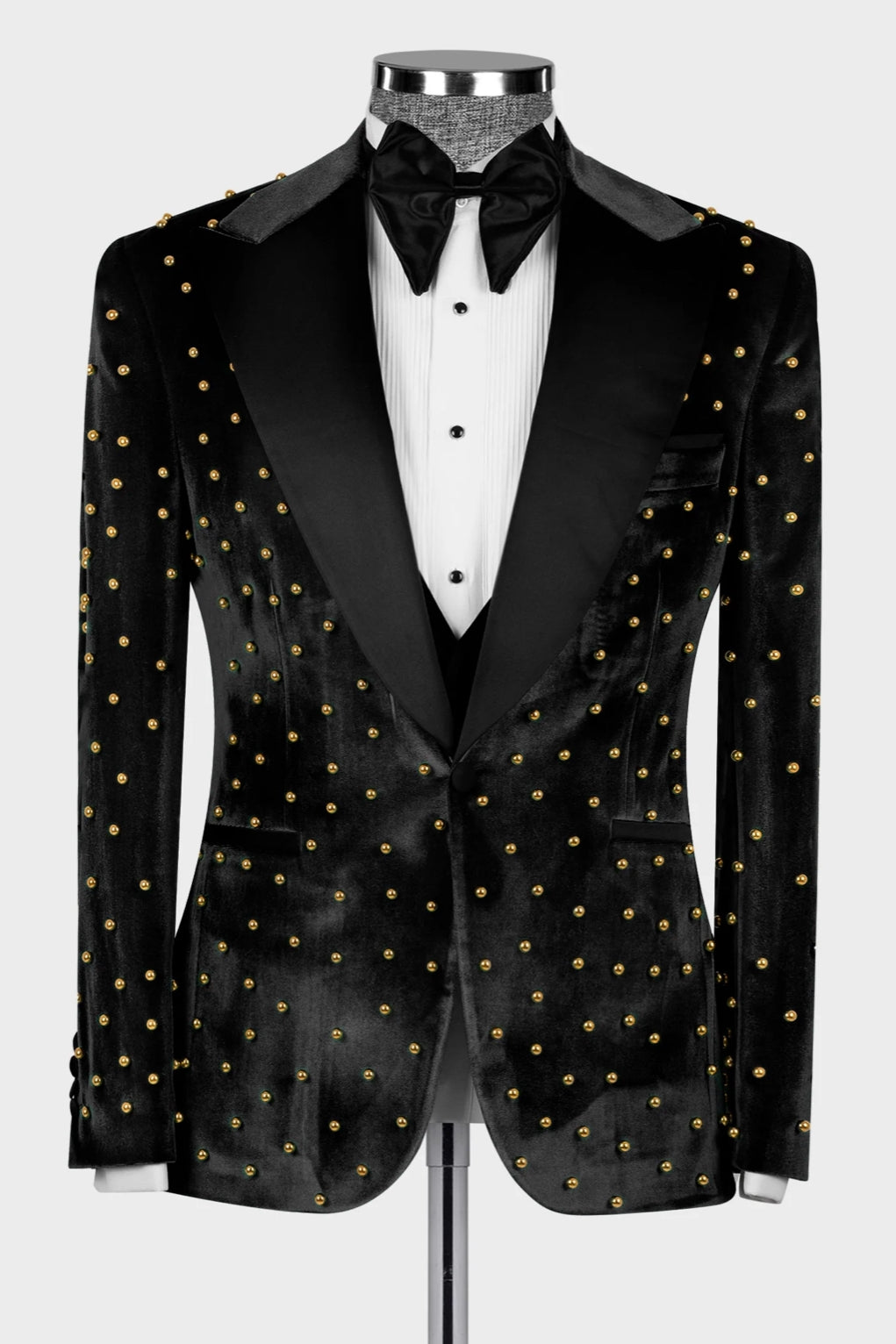 Luxury Black Velvet 3-Piece Prom Suit with Gold Beadings for Dinner