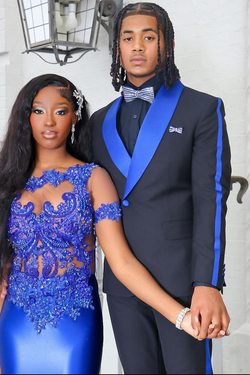Black Prom Suit with Blue Shawl Lapel