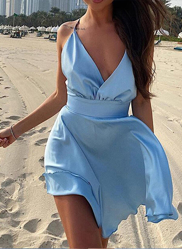 A-Line/Princess V-Neck Satin Sleeveless Short/Mini Homecoming Dresses With Bow(s) Pleated