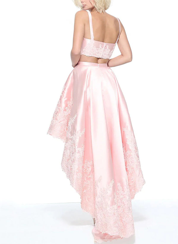 A-Line Two Pieces Sweetheart Asymmetrical Lace/Satin Homecoming Dresses
