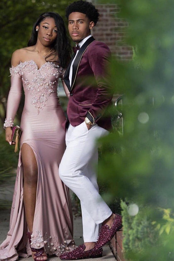 Mauve Velvet Prom Suit with Black Shawl Lapel and White Pants