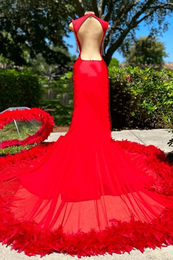 Deep V-neck Mermaid Red Long Feather Silver Beaded Prom Dresses