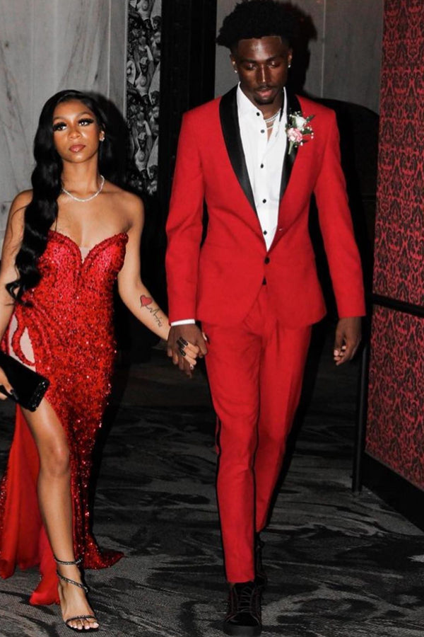Red Two-Button Prom Suit with Black Shawl Lapel