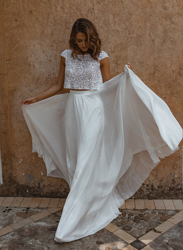 2 Piece Chic A-line Sequin Scoop Neck Wedding Dress-Showprettydress