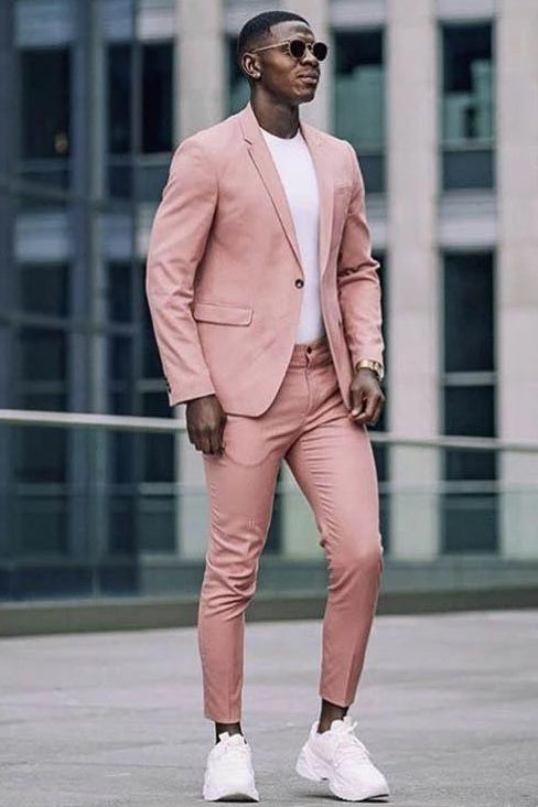 2 Piece Notched Lapel Pink Men's Suits for Casual with Flap Pockets-showprettydress