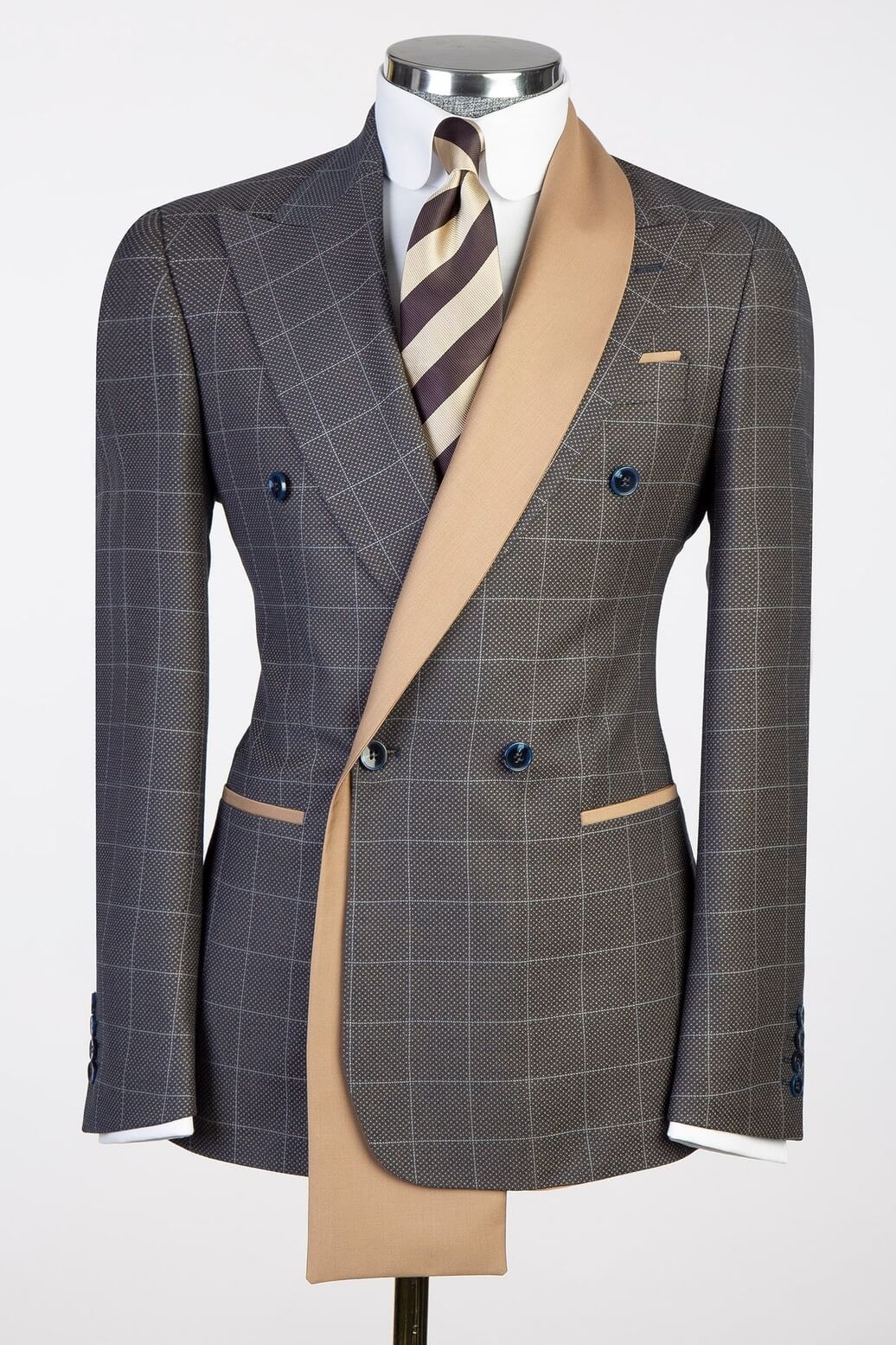 Dark Gray Plaid Business Suit with Double-Breasted Satin Lapel