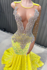 Round neck Silver Beaded Mermaid Yellow Sequin Prom Dresses