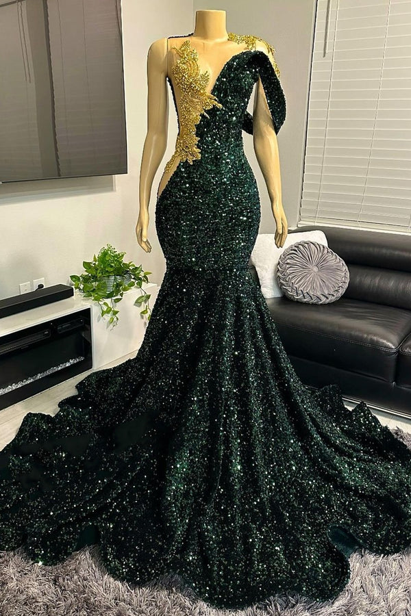 Long One Shoulder Dark Green Sequin Floor Length Prom Dresses