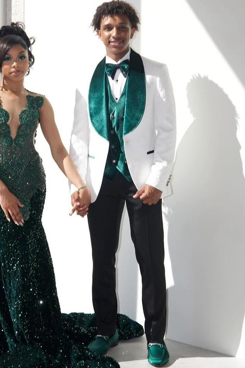 White Jacquard Shawl Lapel 3-Piece Prom Suit