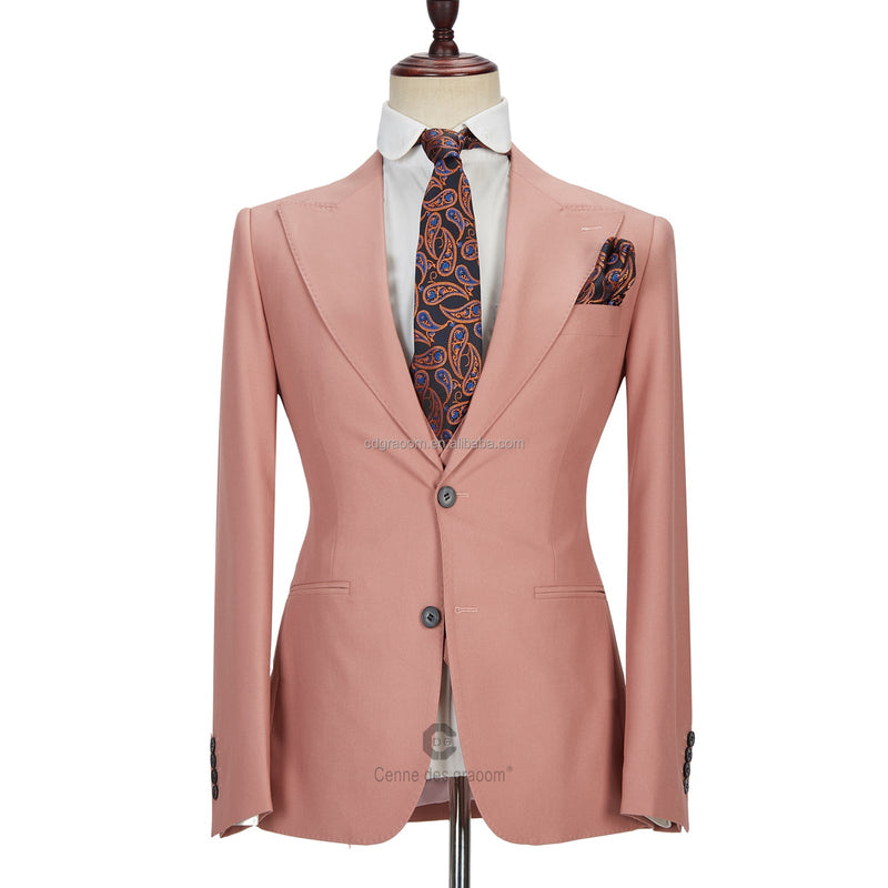 3 Piece Coral Pink Two Buttons Peak Lapel Classic Men's Suit-showprettydress