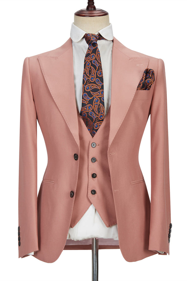 3 Piece Coral Pink Two Buttons Peak Lapel Classic Men's Suit-showprettydress