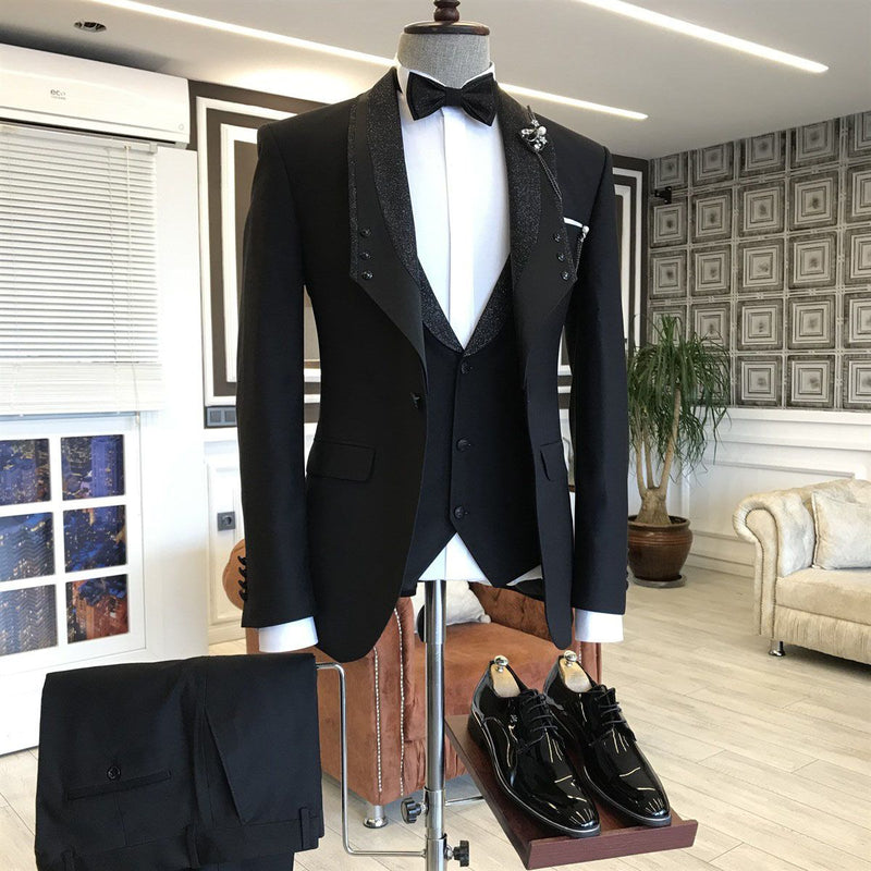 Gentle Black Sparkle Wedding Suits with Shawl Lapel and One Button Easy Fit main image 1