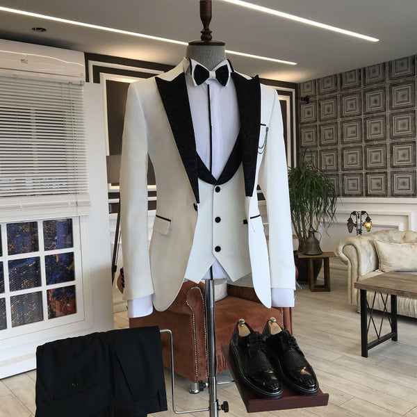 3-pieces White Men's Prom Suits mixed Black Peaked Lapel-showprettydress