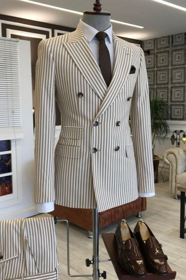 Pinstripe Khaki Double-Breasted Business Suit