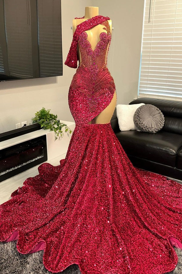 One shoulder Burgundy Sequin Prom Dresses with cutout