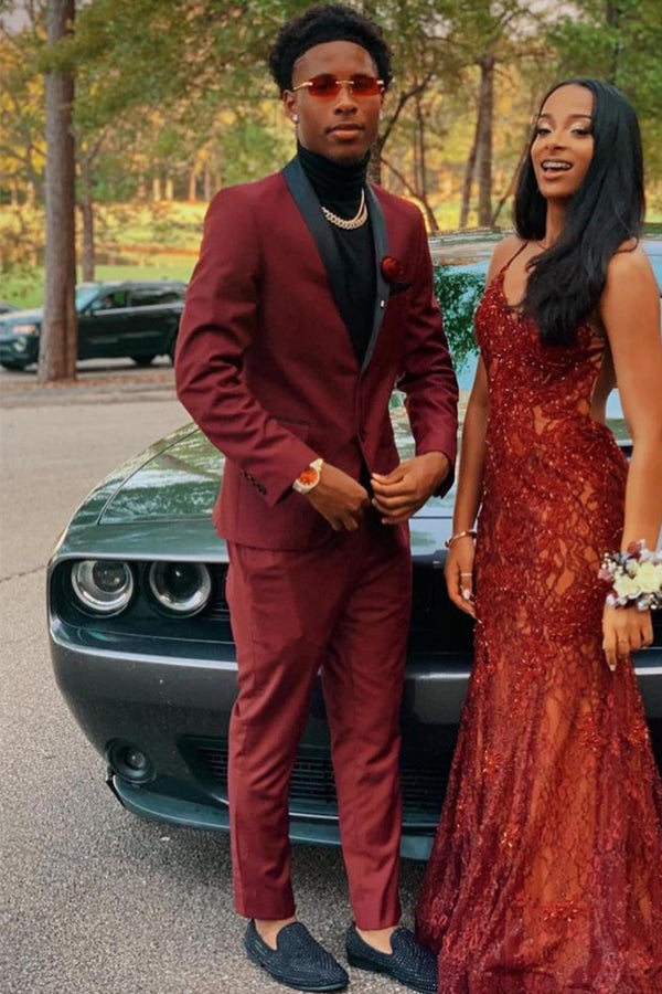 Burgundy Two-Button Prom Suit with Navy Shawl Lapel