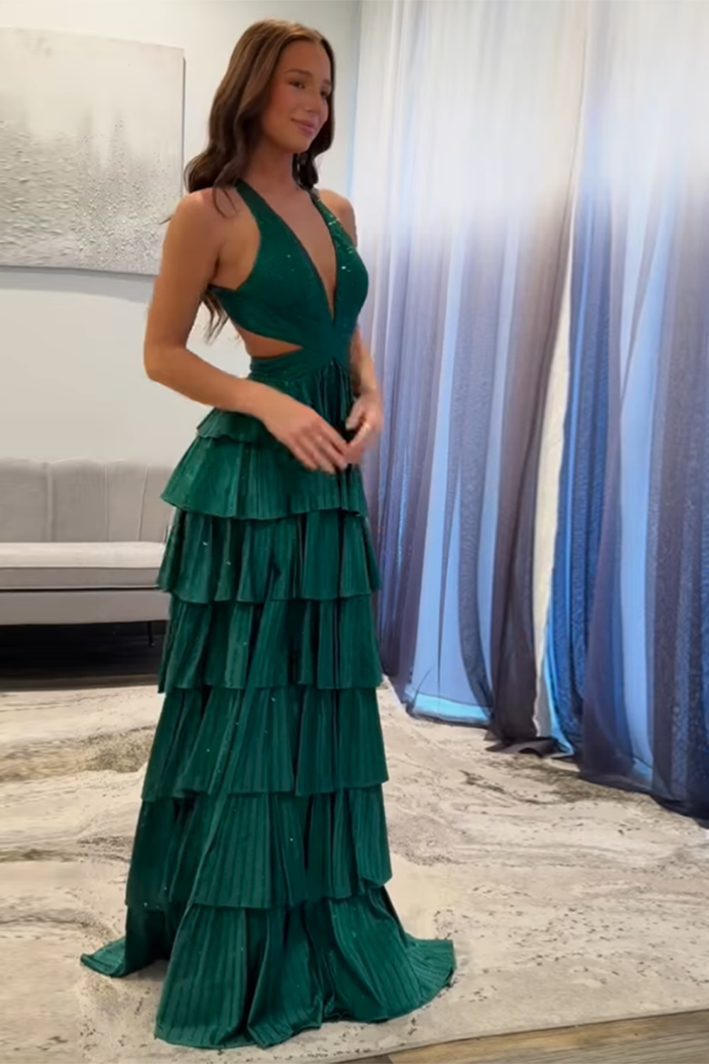 Dark Green Sparkly A Line Beaded Long Corset Prom Dress with Slit