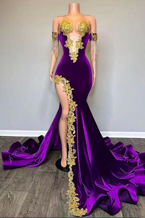 Off the shoulder V-neck Gold Appliques Mermaid Velvet Prom Dresses