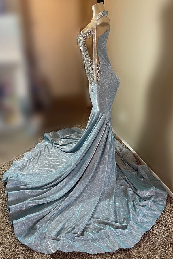 Sliver Beaded Open Back Sequin Mermaid Floor Length Prom Dresses