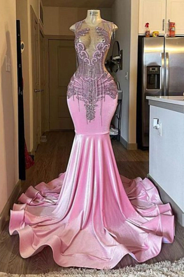 Pink Mermaid Beaded Floor Length Prom Dresses