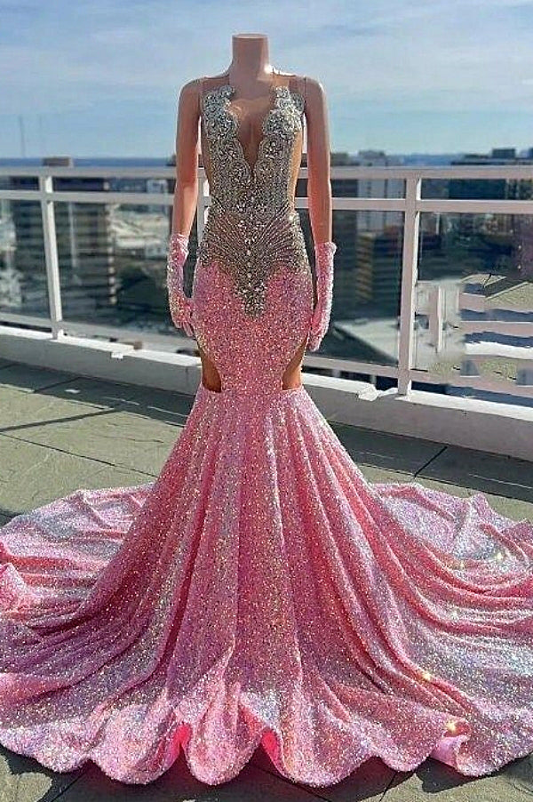 V-neck Silver Beaded Pink Long Prom Dresses with Cutout