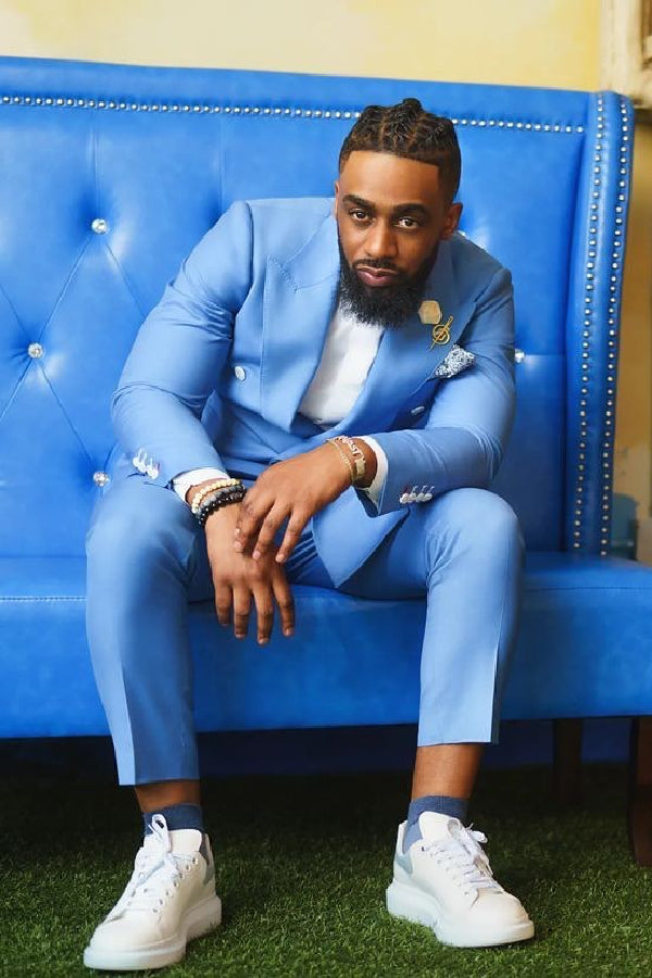 Blue Peaked Lapel Double-Breasted Prom Suit