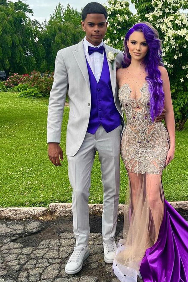 Light Gray Peaked Lapel 3-Piece Prom Suit with Royal Blue Vest