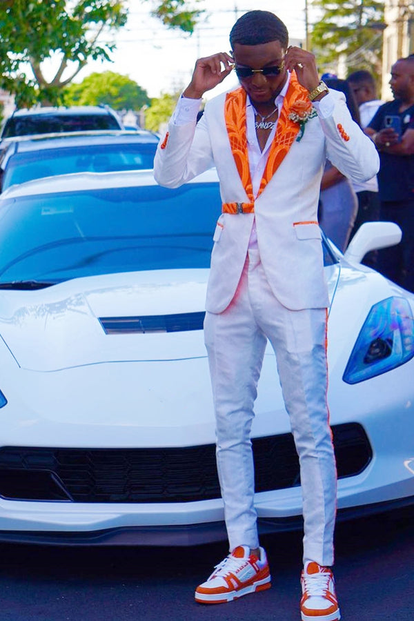 White Prom Suits With Orange Jacquard Peaked Lapel | Showprettydress ...