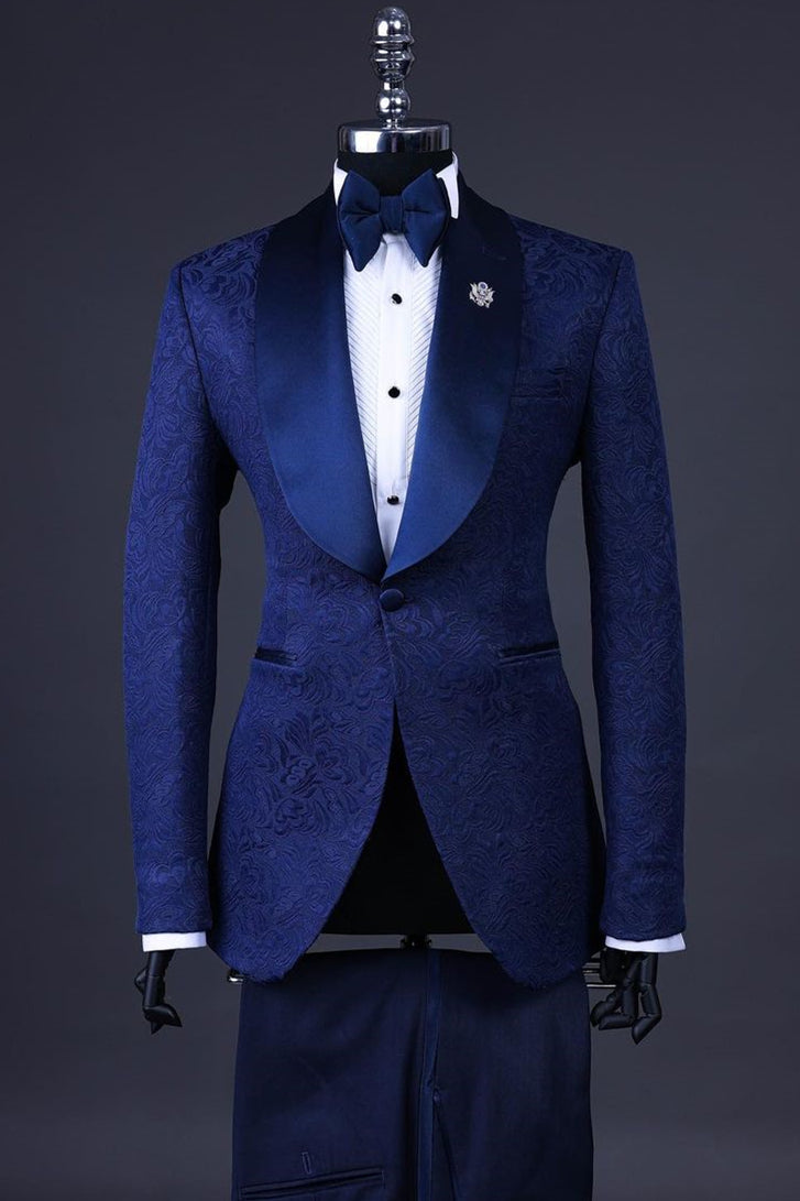Navy Shawl Lapel Jacquard Wedding Suit