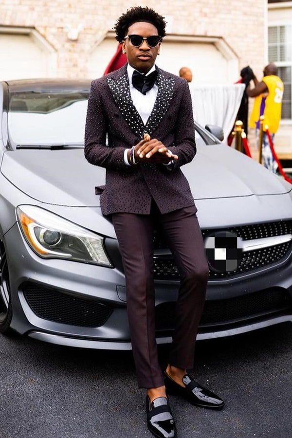 Black Beaded Prom Suit with Peaked Lapel and Beading