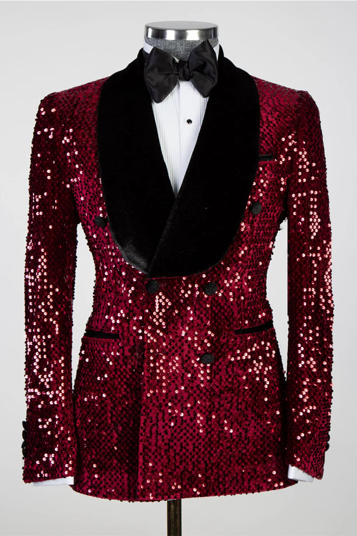 Burgundy Shawl Lapel Double-Breasted Sequin Prom Suit