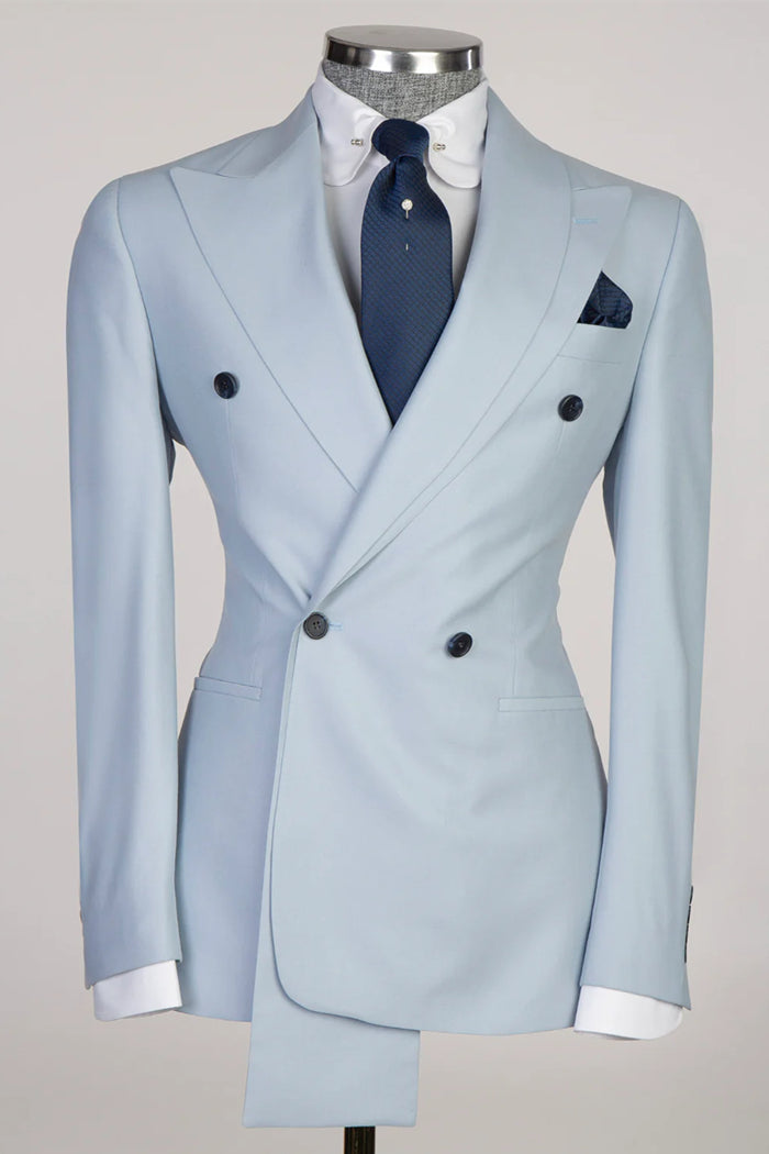 Sky Blue Peaked Lapel Double-Breasted Prom Suit