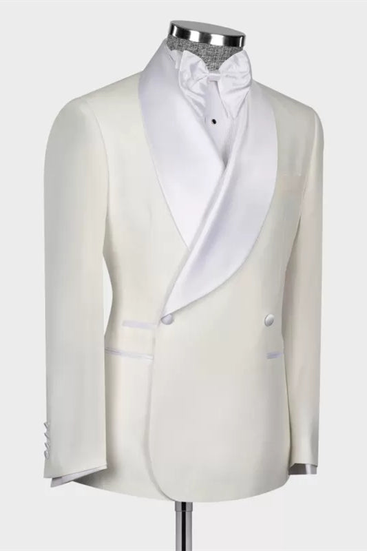 Elegant White Shawl Lapel Double-Breasted Wedding Suit