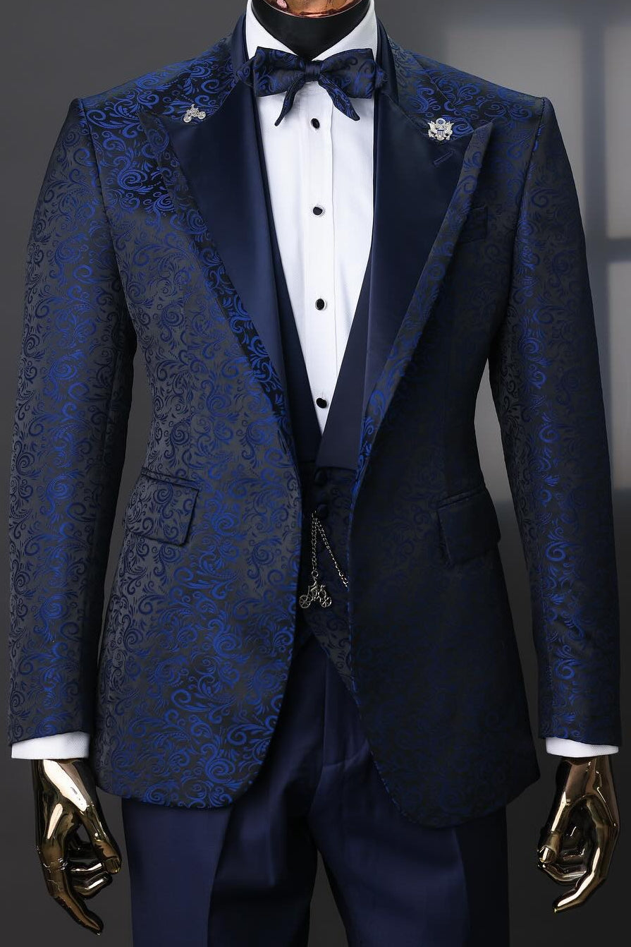 Navy Blue Jacquard 3-Piece Wedding Suit for Groom