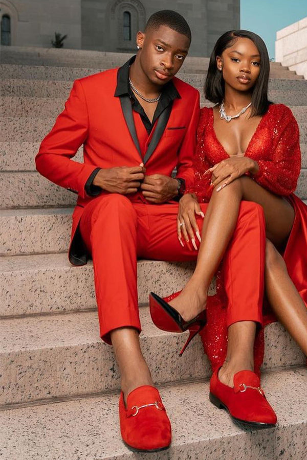 Red 3-Piece Prom Suit with Black Shawl Lapel